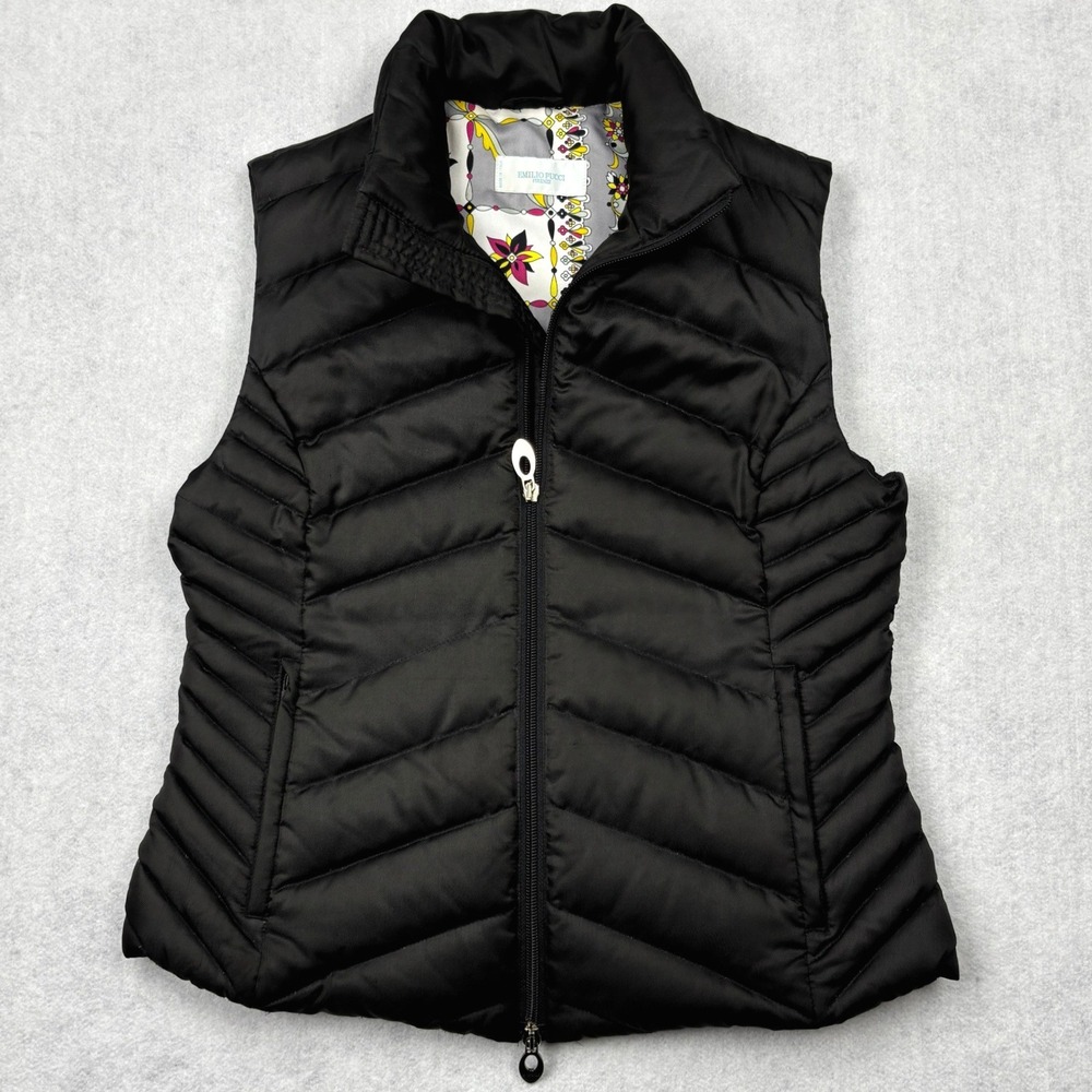 Emilio Pucci Womens 10 IT 44 Black Goose Down Quilted Silk Lined Vest Italy